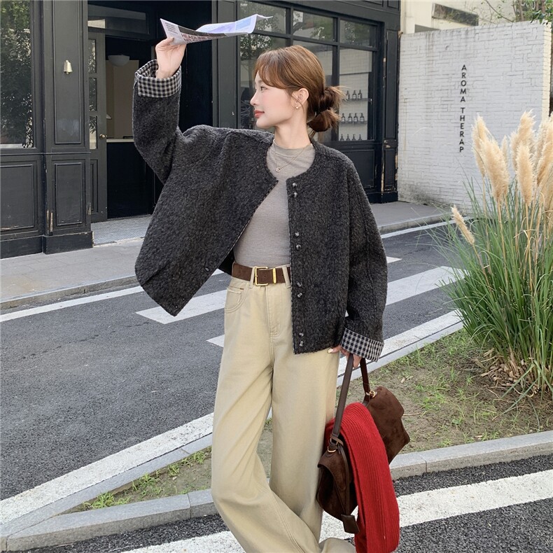 【上新】大货 韩系格子拼接皮毛一体短外套 2C075-882-P175-K258图片