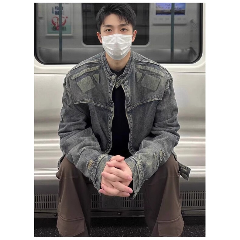 美式复古设计感浮雕机车盔甲牛仔外套男秋季宽松立领夹克 J8865图片