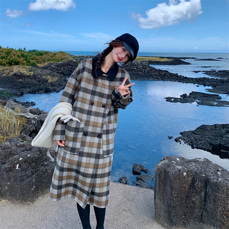 今年流行格子双面羊绒大衣女2024秋冬新款韩系高级感绵羊毛呢外套,女装毛呢外套,英标秀