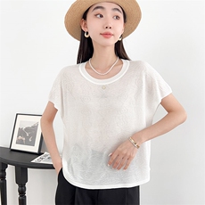 夏季新款时尚气质百搭简约女士飞机袖大花天丝短袖，女装T恤，秋虹羊绒