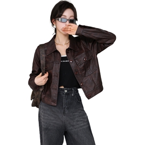 现货欧洲站2024春秋季新款欧货仿绵羊皮皮衣宽松短款夹克外套女图片