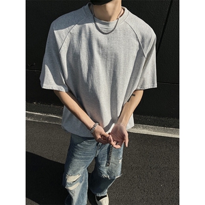 得物抖音高品质260克重磅宽松纯棉纯色双纱牛角插肩袖短袖T恤DT22图片