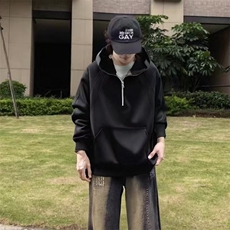 抖音得物二开美式重磅宽松结构拉链设计防风高领连帽卫衣外套W76，男装卫衣，电商A486