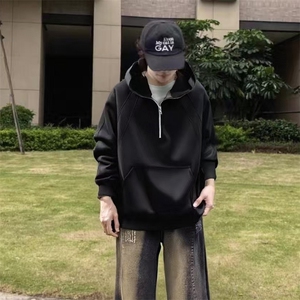 抖音得物二开 美式重磅宽松结构拉链设计防风高领连帽卫衣外套W76图片