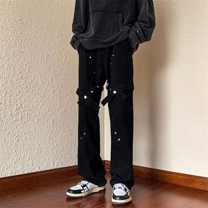 美式机能铆钉工装牛仔裤男女街头高街风纽扣设计直筒hiphop休闲裤图片