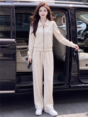 韩系女春秋新款套装时尚洋气休闲减龄翻领开衫外套阔腿长裤两件套，女装套装/套裙，江南