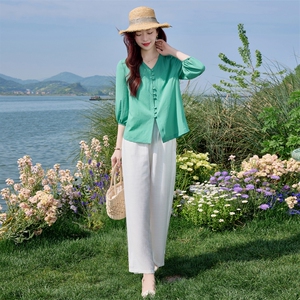 七分袖夏款年轻套装女2026新款干练气质亚麻显瘦贵夫人两件套图片