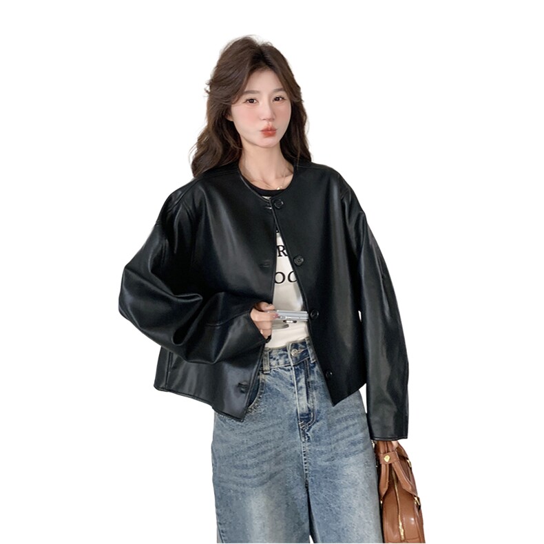 设计感黑色显瘦pu皮衣外套女2025春秋季新款港风复古酷飒夹克上衣,女装皮衣,2C198
