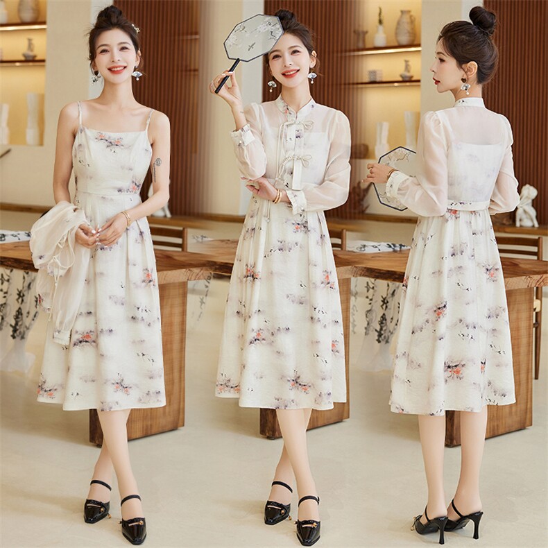 新中式风两件套装裙女夏季时尚气质盘扣上衣显瘦印花吊带连衣裙，女装连衣裙，悠米