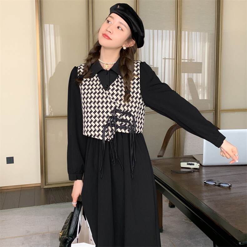 新中式国风千鸟格马甲套装女2025春秋新款收腰显瘦衬衫长裙两件套,女装连衣裙,菡迪欧娜