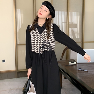 新中式国风千鸟格马甲套装女2025春秋新款收腰显瘦衬衫长裙两件套图片