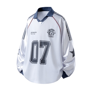 美式翻领POLO衫大码M-5XL插肩拼接V领球衣长袖T恤T78096P48控78图片