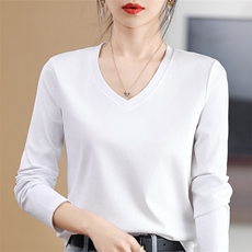 白色t恤女长袖高端丝光棉2024早春新款宽松圆领v正肩纯棉上衣内搭，女装T恤，元素羊绒
