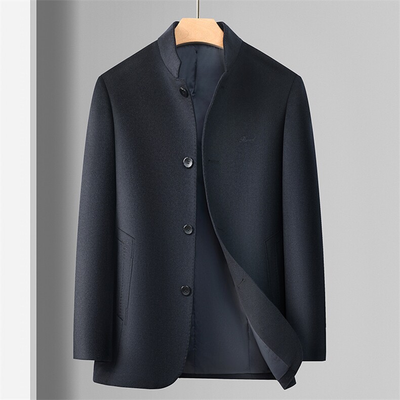 中年绵羊毛立领中山装外套男秋冬中老年风绵羊毛双面呢外套，男装毛呢大衣，钱塘723