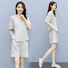 2021夏季新款简约时尚减龄圆领衣摆开叉设计休闲舒适棉麻两件套，女装套装/套裙，艾尚靓装