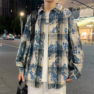 特批P45无差价秋新扎染格子长袖衬衫男士青少年痞帅衬衣外套C2543图片