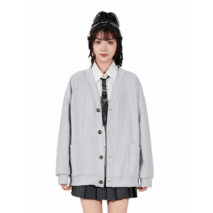 抖音得物高品质 秋冬美式高街重磅单排扣结构卫衣V领开衫外套W110图片