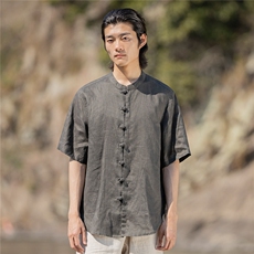 纯亚麻夏季薄款宽松短袖上衣风复古唐装盘扣衬衫男CS02，男装T恤，星座704A（原B229A）