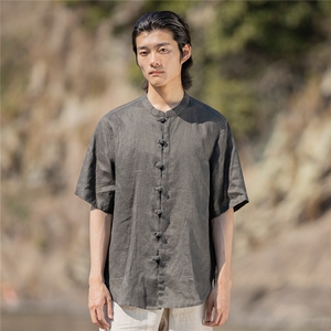 纯亚麻夏季薄款宽松短袖上衣风复古唐装盘扣衬衫男CS02