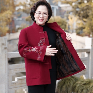 2024年秋冬新款中老年男女款立领长袖刺绣羊毛呢外套图片