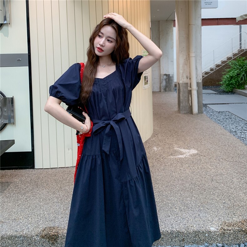 法式泡泡袖连衣裙女2025夏季新款小个子超好看时尚气质收腰长裙,女装连衣裙,2C273
