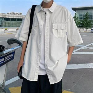 工装衬衫男港风潮短袖帅气2022夏季新款ins宽松百搭外套W2929-P32图片