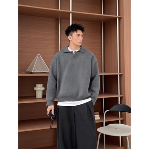 重磅秋冬北极绒亨利领毛衣开衫美式复古休闲慵懒风纯色翻领针织衫图片