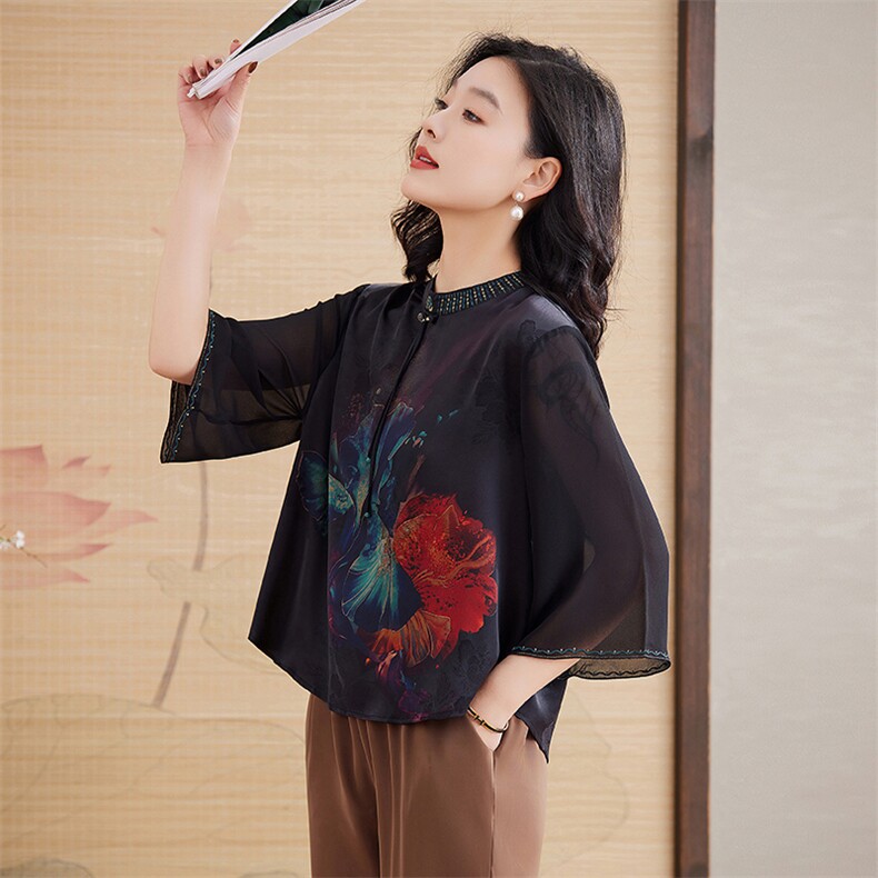 新中式中老年重磅真丝半袖上衣夏季妈妈女桑蚕丝时尚T恤衫,女装衬衫,媚琳依坊