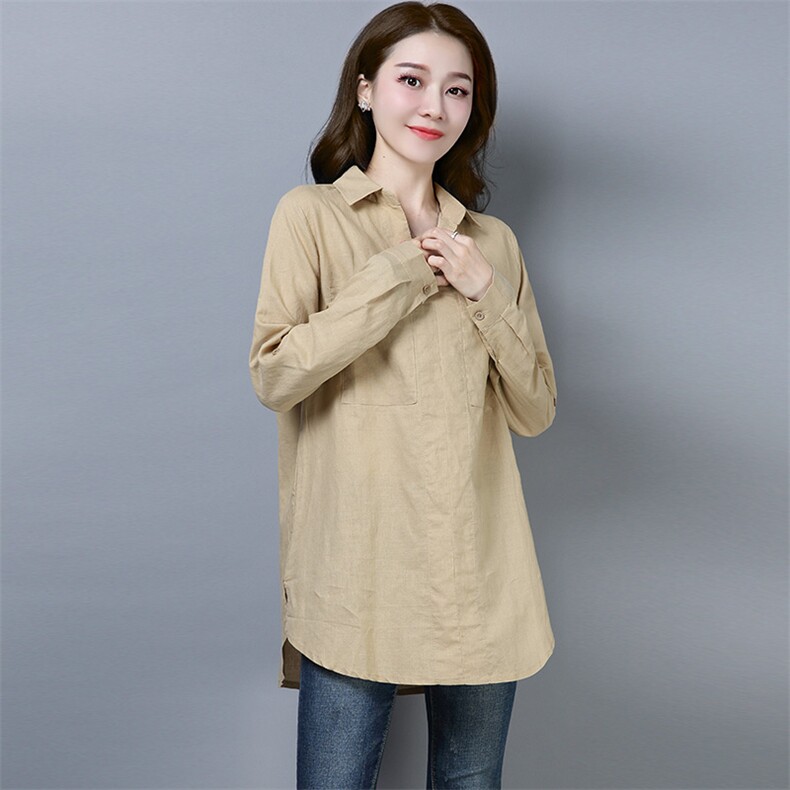 中长款纯色长袖时尚2024秋季休闲排多扣衬衫休闲棉麻百搭套头，女装衬衫，风姿绰