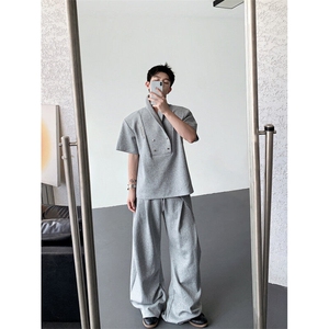 现货！25青果领男垫肩金属扣polo短袖T恤套装TZ21裤子p78衣服p68图片