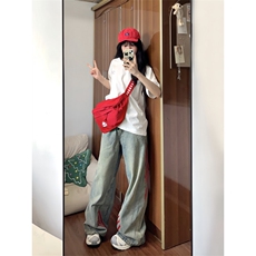 【有货】红色三条杠条纹牛仔裤男宽松直筒阔腿裤子G8512LL-特P55，男装牛仔裤，星座1007（原301D）