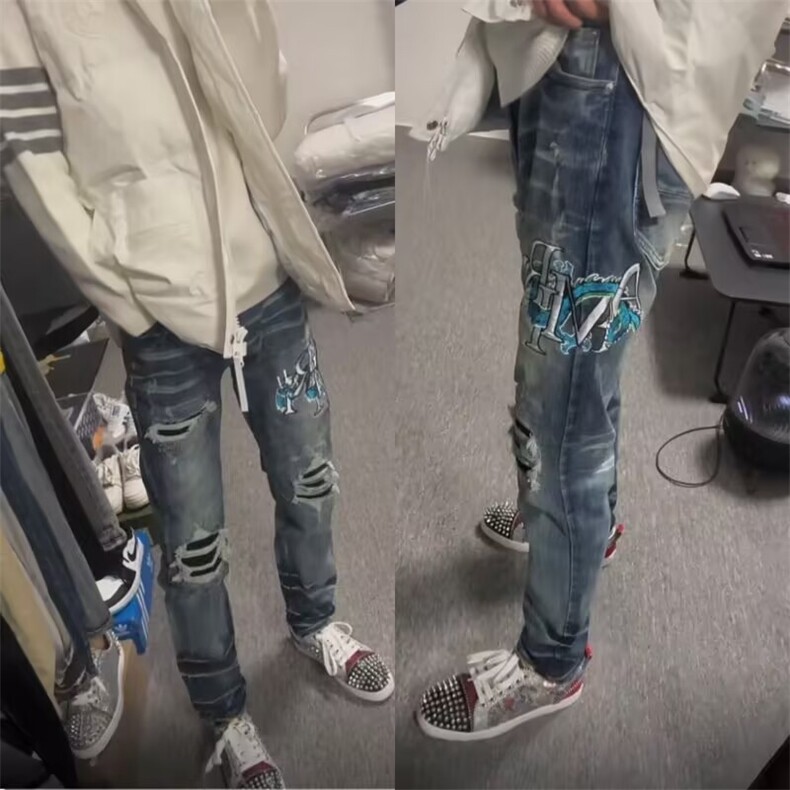 美式高街新款贴布闪电纹牛仔裤男女百搭网红同款潮流ZAM11P49,男装牛仔裤,星座1112-1