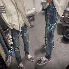 美式高街新款贴布闪电纹牛仔裤男女百搭网红同款潮流ZAM11P49，男装牛仔裤，星座1112-1