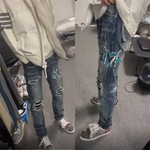 美式高街新款贴布闪电纹牛仔裤男女百搭网红同款潮流ZAM11 P49图片