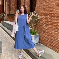 蓝色氛围感漂亮无袖背心连衣裙女夏季韩系小清新抽绳荷叶边A字裙，女装连衣裙，2C159