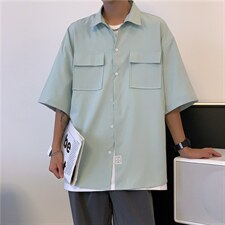 C3070/P35新款男士冰丝工装多口袋短袖衬衣男韩版潮大码外套衬衫，男装衬衫，电商A141