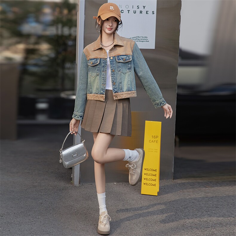 美式复古翻领休闲拼接牛仔外套又酷又飒独特超好看夹克上衣女，女装牛仔外套，跑量工厂店