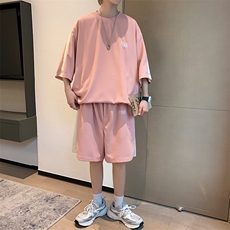 2026夏装华夫格拼接绣花休闲运动套装五分短裤TZ808/P65粉红色，男装休闲套装，电商A094