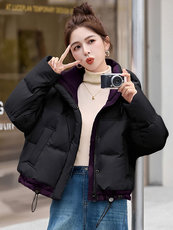 时尚撞色休闲连帽短款羽绒服女冬新款宽松加厚保暖白鸭绒外套，女装羽绒服，韩蔻秀