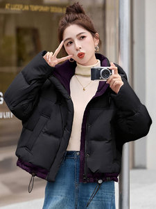 时尚撞色休闲连帽短款羽绒服女冬新款宽松加厚保暖白鸭绒外套图片