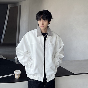 现货 白色格子拼接外套男春秋立领棒球服韩玲顿夹克图片