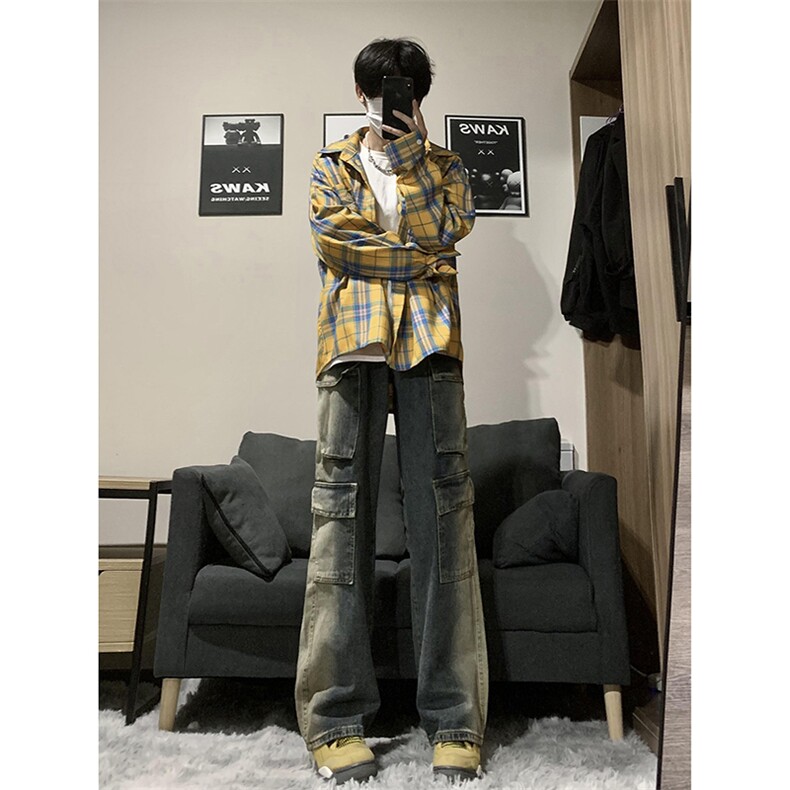 B221美式ins高街重工艺宽松做旧工装牛仔裤子LK23143-P80控108,男装牛仔裤,电商B221