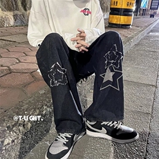 美式牛仔裤男复古宽松潮牌老爹裤ins高街阔腿拖地裤子N123-p45，男装牛仔裤，星座1008-1