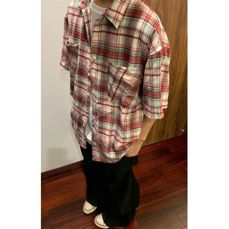 夏季日系短袖格子衬衫男女潮牌半袖衬衣百搭情侣寸衣男女~C5212,男装衬衫,星座601-2