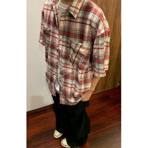 夏季日系短袖格子衬衫男女潮牌半袖衬衣百搭情侣寸衣男女~C5212