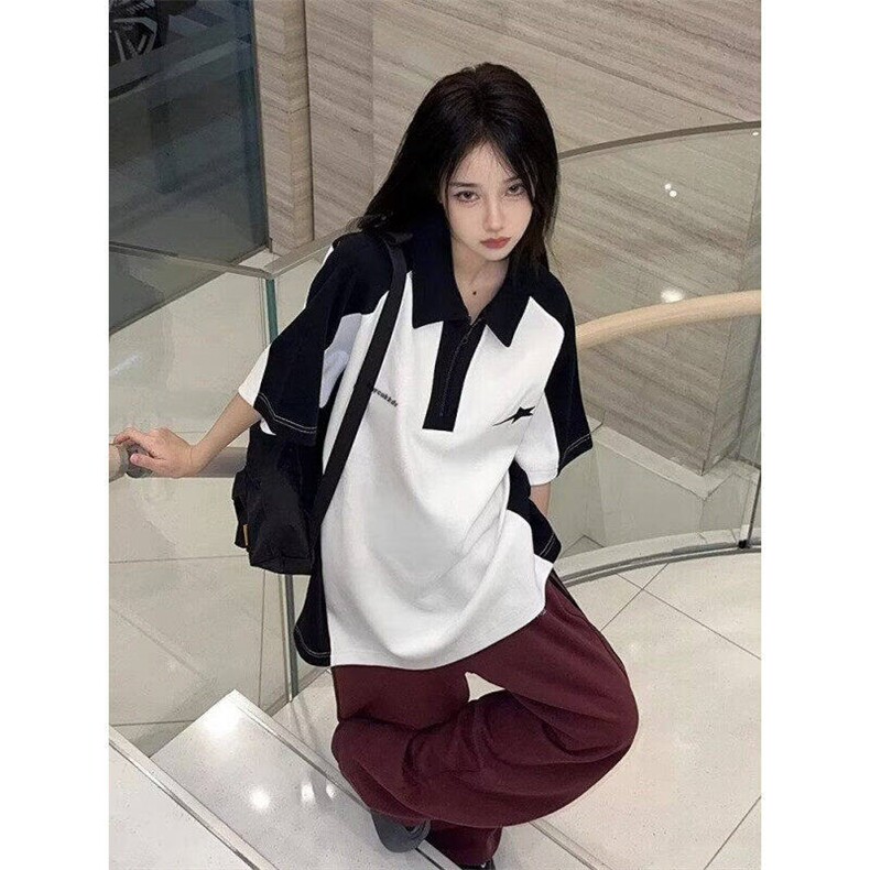 现货美式复古夏季polo衫短袖t恤女宽松撞色情侣上衣PLY299-P30,男装Polo衫,星座1008