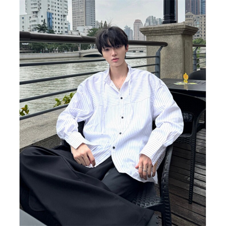 美式简约拼色条纹长袖衬衫男女高级感宽松百搭开衫衬衣CTK57,男装衬衫,星座1116A（原606A-3）