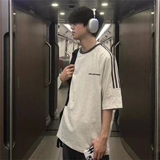 夏季美式高街重磅纯棉三条杠织带撞色男女短袖T恤ZD627-特P30，男装T恤，电商A486-1