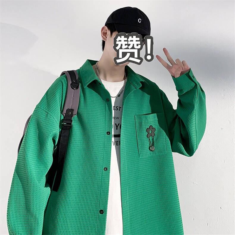 2025春华夫格翻领长袖衬衫港风大码男花朵贴标衬衣外套C2263-P50,男装衬衫,电商A001-1