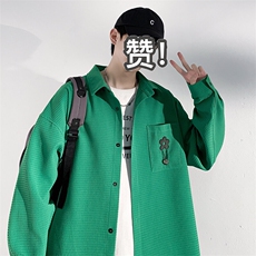 2025春华夫格翻领长袖衬衫港风大码男花朵贴标衬衣外套C2263-P50，男装衬衫，电商A001-1